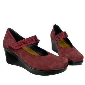 NAOT Burgundy Plum Suede Nubuck Mary Jane Wedge Shoes Metallic Strap EU 40, US 9